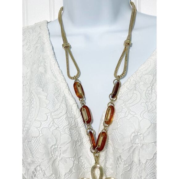 Lilly Pulitzer Boho‎ Lariat Necklace Gold Tone Chain Pink Stone Tassel Pendant - Picture 5 of 11